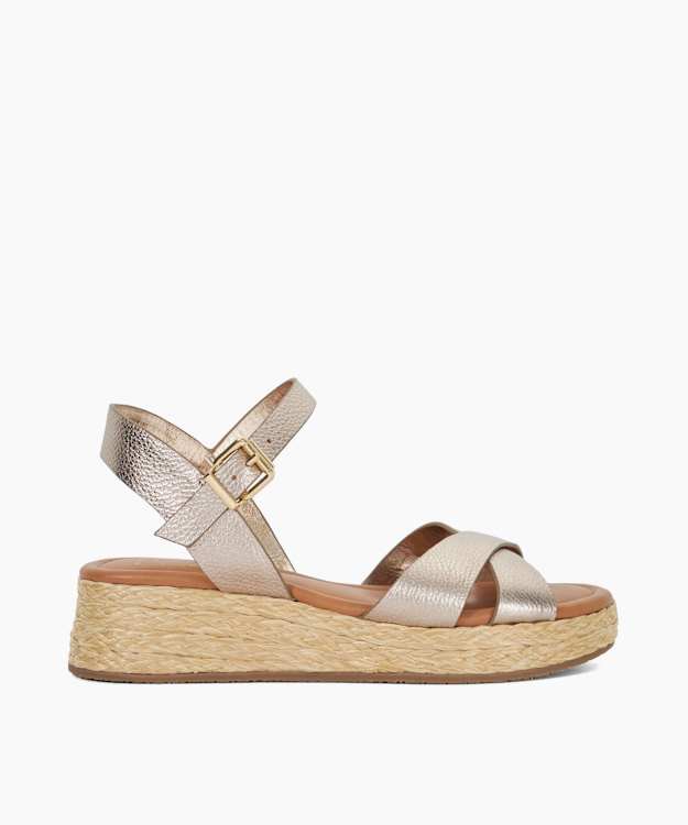 dune london Littleton - Gold Wide Fit Leather Raffia Flatform Sandals