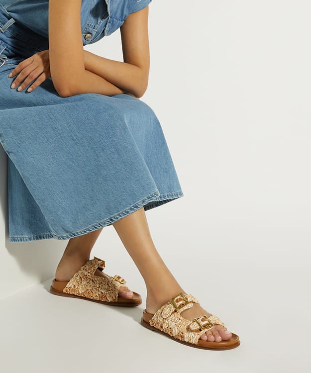 Dune London Lolitas - Natural Buckled Flat Raffia Slides