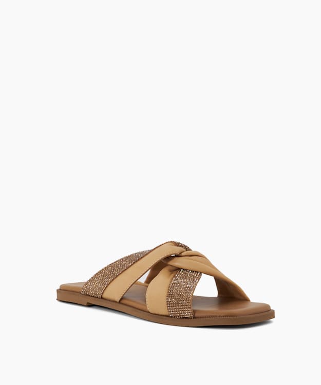 Dune London Lossey - Camel Diamante Twist-Knot Leather Flat Sandals