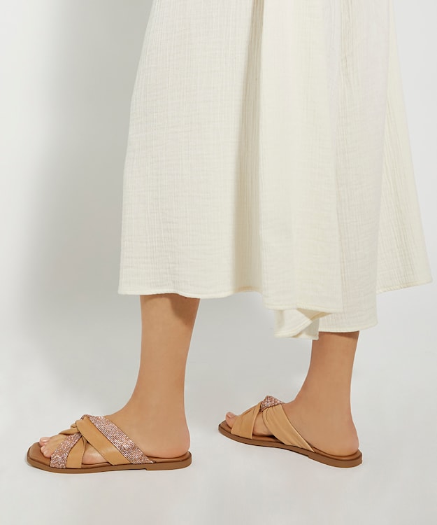 Dune London Lossey - Camel Diamante Twist-Knot Leather Flat Sandals