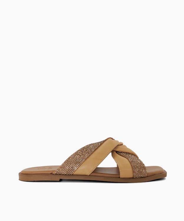 dune london Lossey - Camel Diamante Twist-Knot Leather Flat Sandals