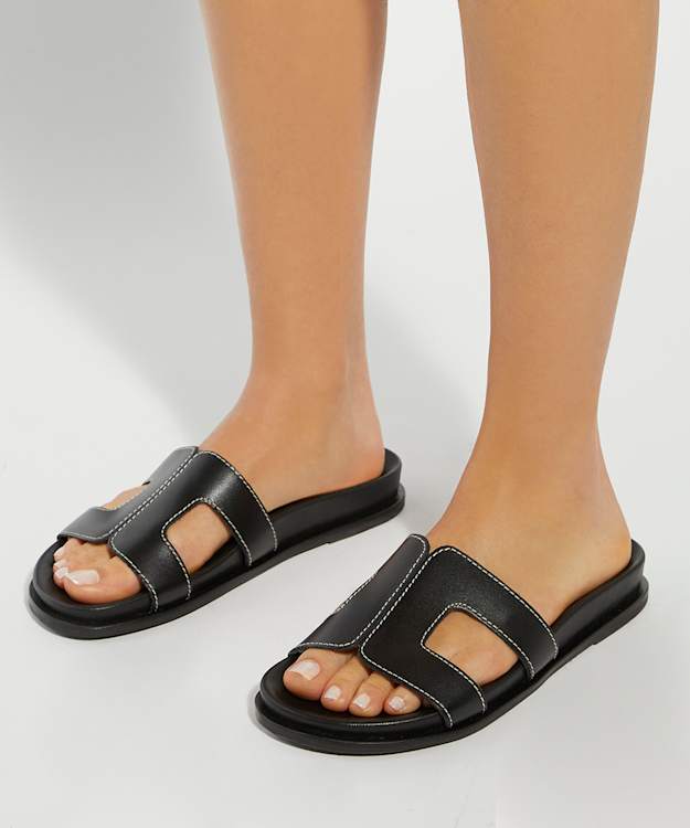Dune London Loupa - Black Topstitch-Detail Comfort-Footbed Slider Sandals
