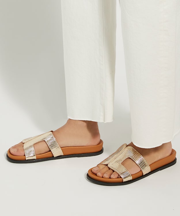 Dune London Loupa - Gold Topstitch-Detail Comfort-Footbed Slider Sandals