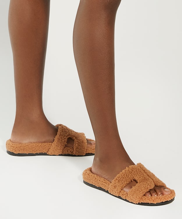 Dune London Loupa - Tan Topstitch-Detail Comfort-Footbed Slider Sandals