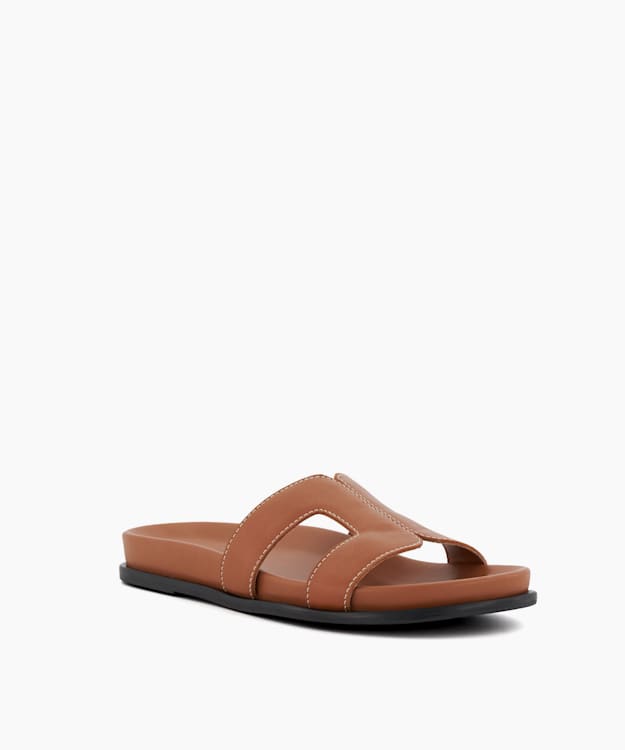 Dune London Loupa - Tan Wide Fit Comfort-Footbed Flat Leather Sandals