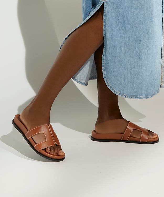 Dune London Loupa - Tan Wide Fit Comfort-Footbed Flat Leather Sandals