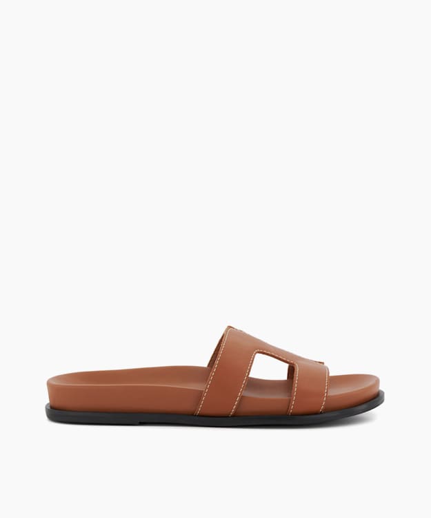 dune london Loupa - Tan Wide Fit Comfort-Footbed Flat Leather Sandals