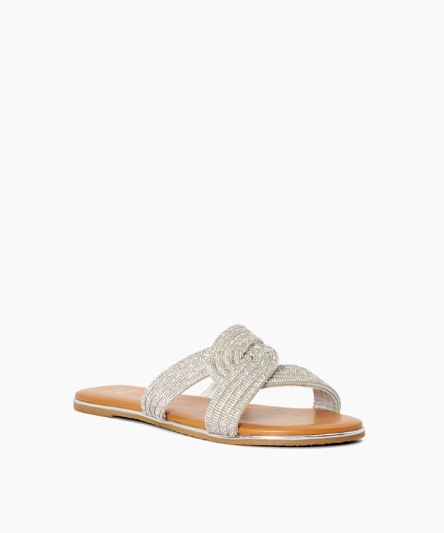 Dune London Lovey - Silver Metallic Diamante Loop Flat Sandals