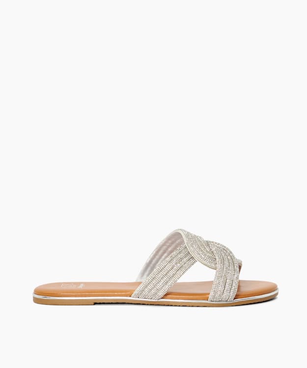 dune london Lovey - Silver Metallic Diamante Loop Flat Sandals
