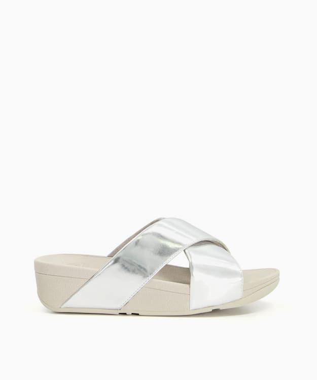 dune london Lulu Cross Slid - Silver Cross Strap Slider Sandals
