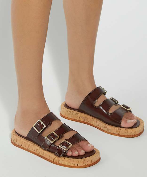Dune London Lures - Brown Patent Leather Cork Sole Sandal