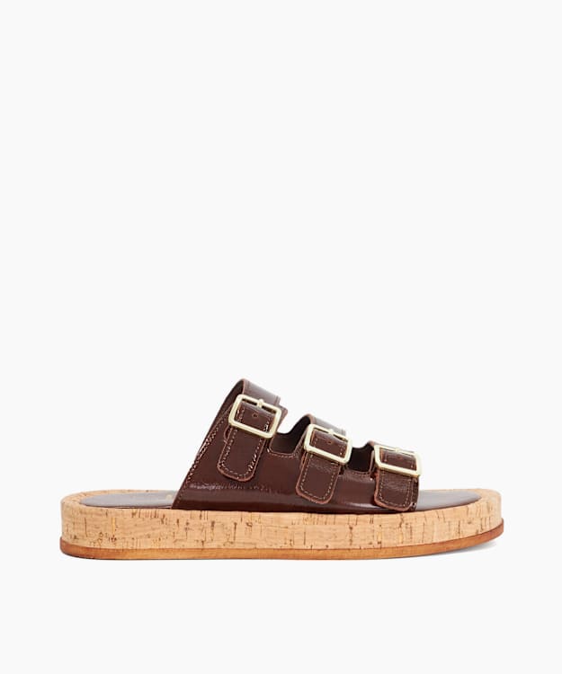 dune london Lures - Brown Patent Leather Cork Sole Sandal