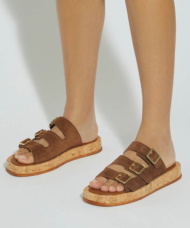 Dune London Lures - Tan Patent Leather Cork Sole Sandal