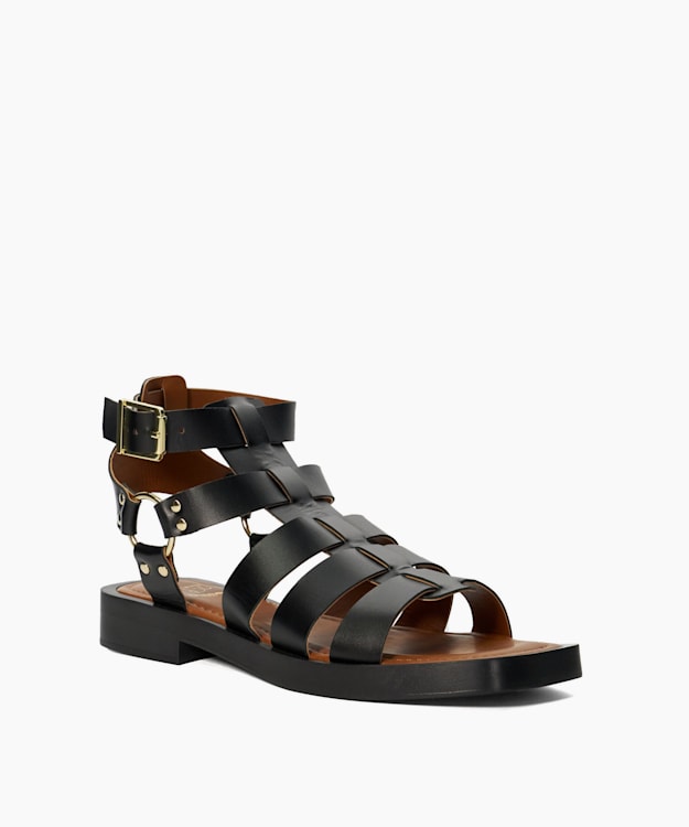 Dune London Lynks - Black Wooden Sole Studded Gladiator Sandals