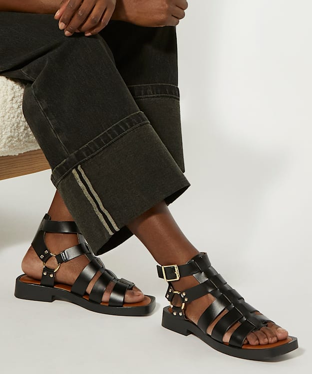 Dune London Lynks - Black Wooden Sole Studded Gladiator Sandals