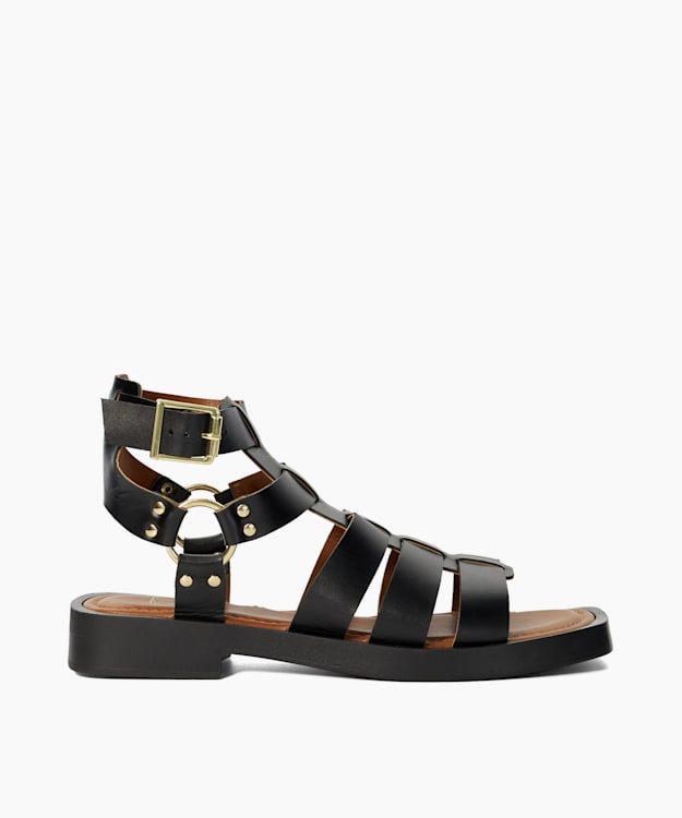 dune london Lynks - Black Wooden Sole Studded Gladiator Sandals