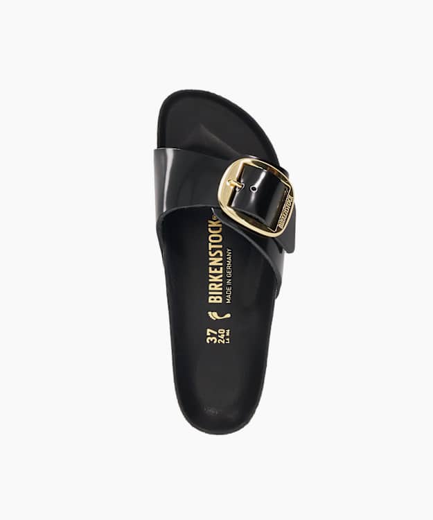 Dune London Madrid Big Buck - Black Patent Leather Big Buckle Sandals