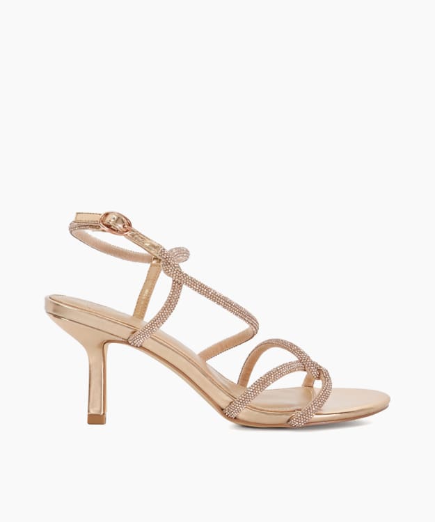 dune london Malfi - Rose Gold Embellished Strappy Heeled Sandals