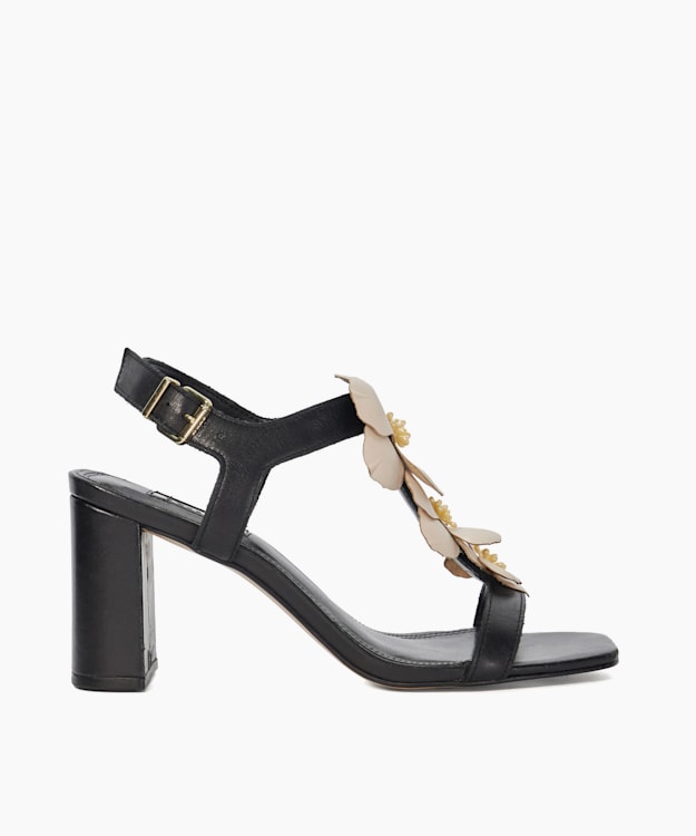 dune london Mastered - Black Floral Embellished Block Heel Sandals