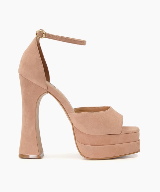 dune london Mega - Camel Suede Flare-Heeled Platform Sandals