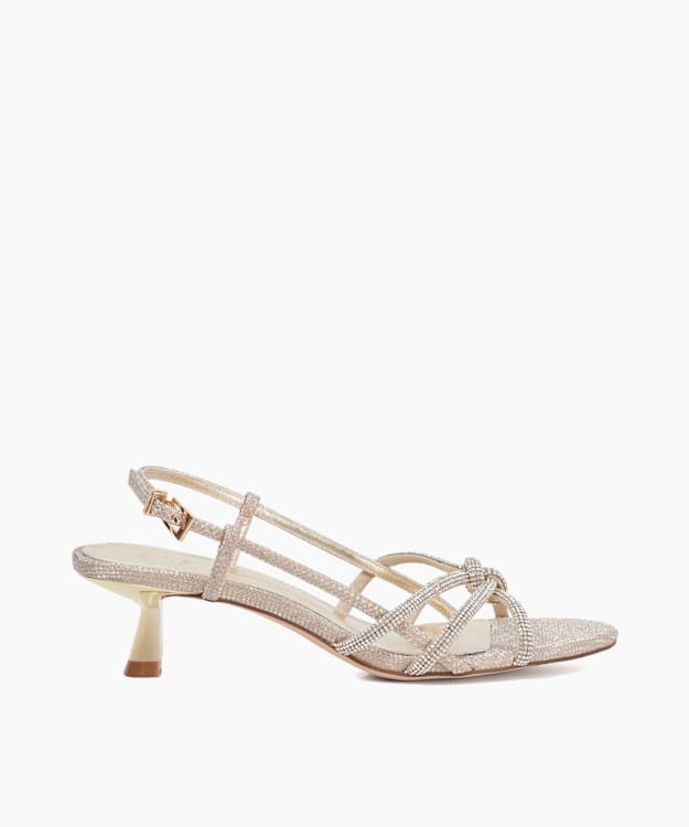 dune london Milas - Gold Diamante Embellished Kitten Heel Sandals