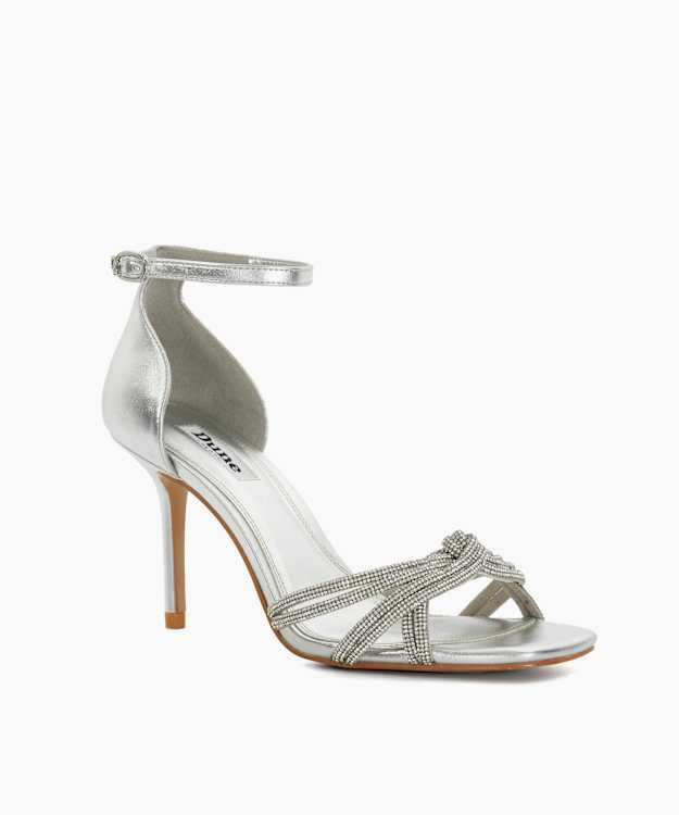 Dune London Militant - Silver Embellished Ankle Strap Heeled Sandals