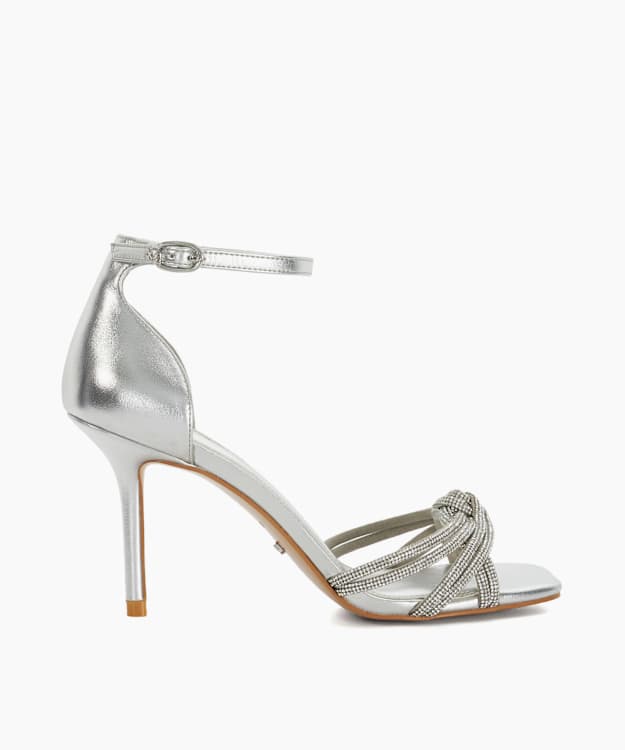 dune london Militant - Silver Embellished Ankle Strap Heeled Sandals