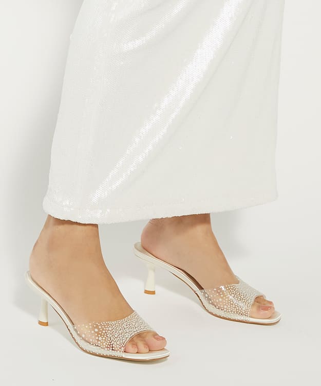 Dune London Moonlit - Ivory Sea Pearl Embellished Vinyl Wedding Mules