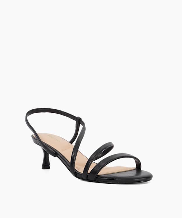 Dune London Movement - Black Asymmetric Strap Leather Kitten Heel Sandals