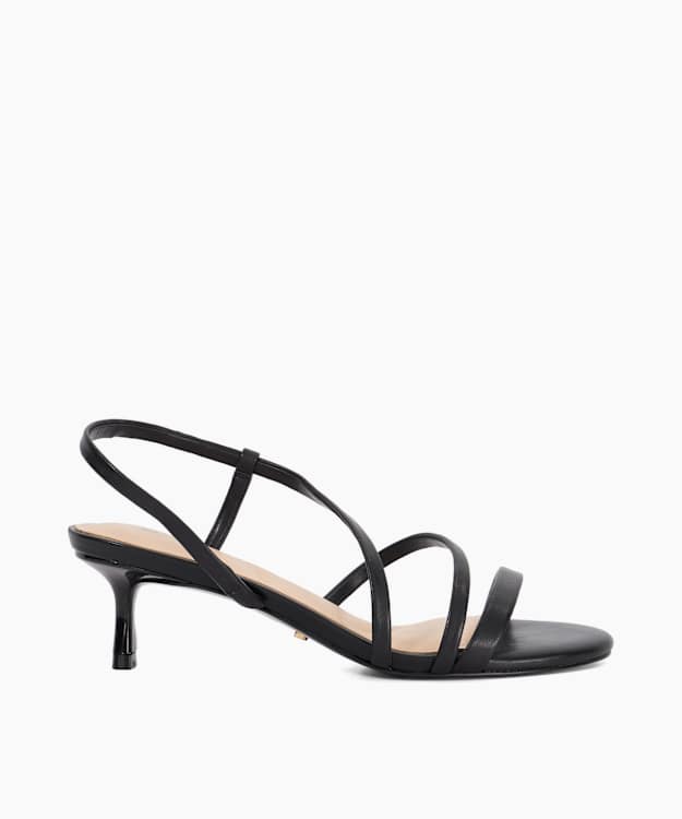 dune london Movement - Black Asymmetric Strap Leather Kitten Heel Sandals