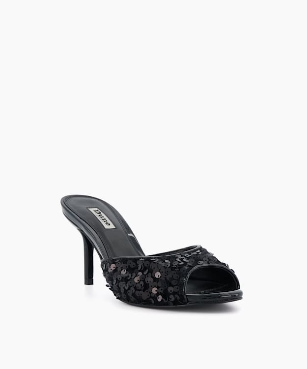 Dune London Moviestar - Black Sequin Heeled Open Toe Mules