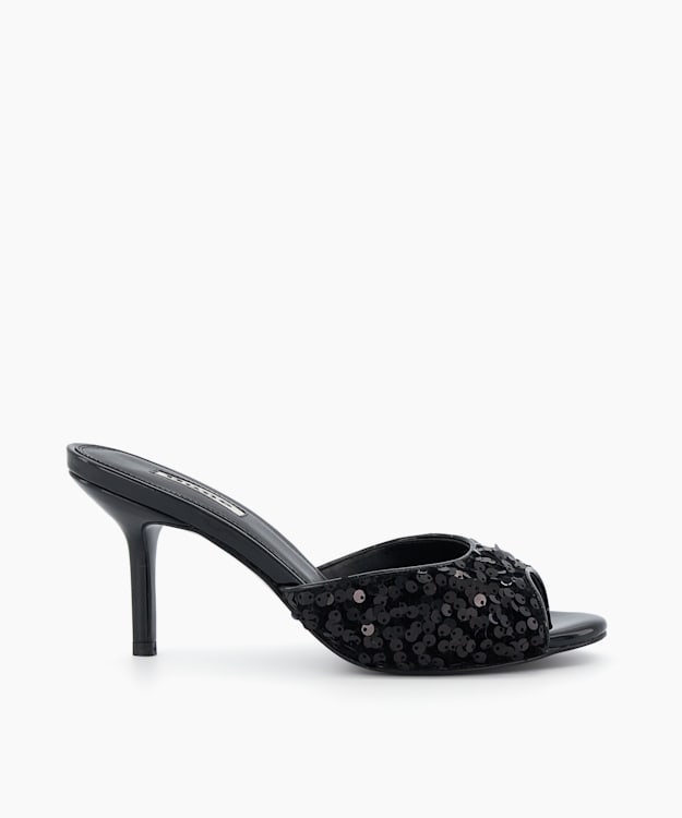 dune london Moviestar - Black Sequin Heeled Open Toe Mules