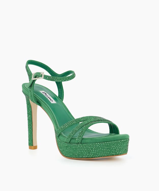 Dune London Mulberrie - Green Diamante Platform Heeled Sandals