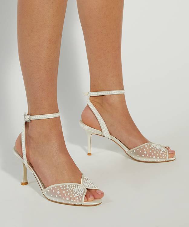 Dune London Musing - Ivory Embellished Mesh Ankle Strap Heels