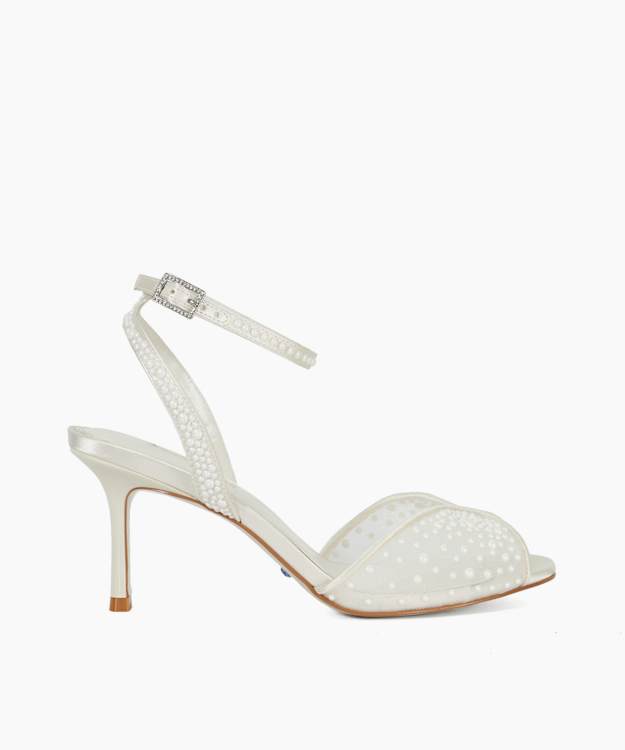 dune london Musing - Ivory Embellished Mesh Ankle Strap Heels