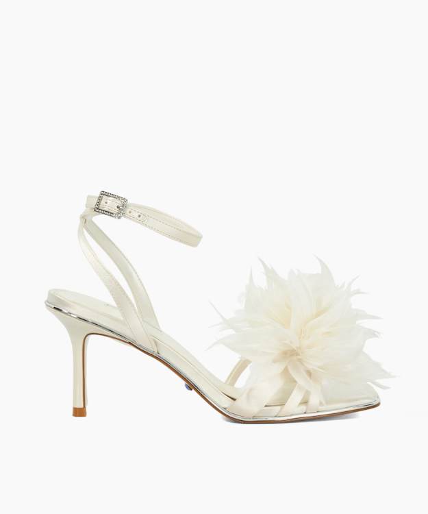 dune london Mylove - Ivory Open Toe Feather Trim Heel Sandal