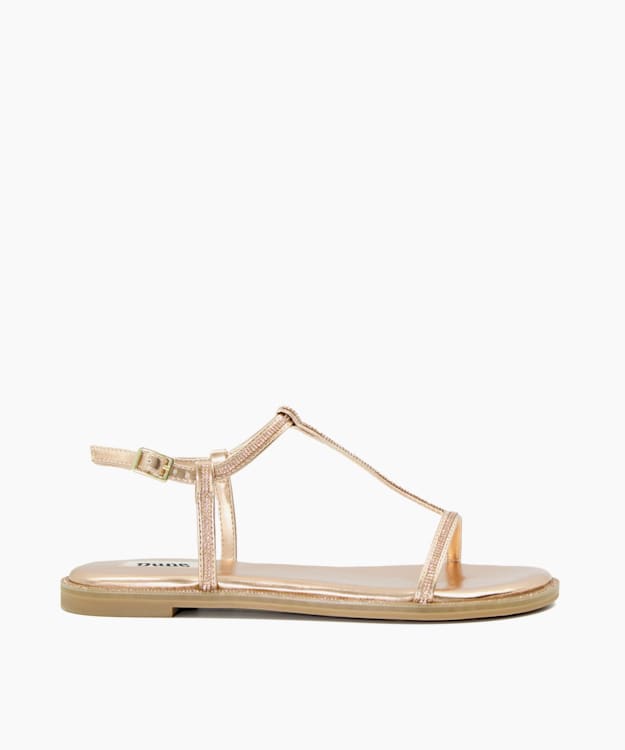 dune london Narrate - Rose Gold Diamante Flat T-Bar Sandals