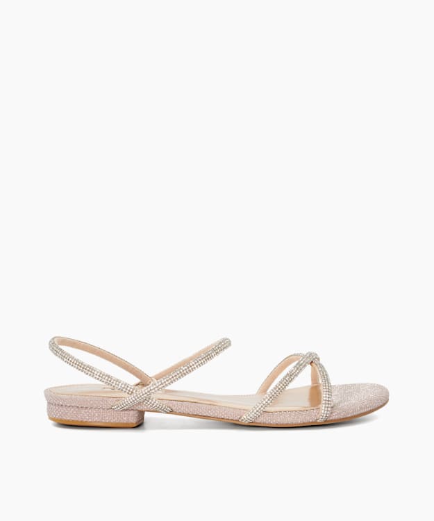 dune london Nightengale - Rose Gold Diamante Metallic Flat Sandals