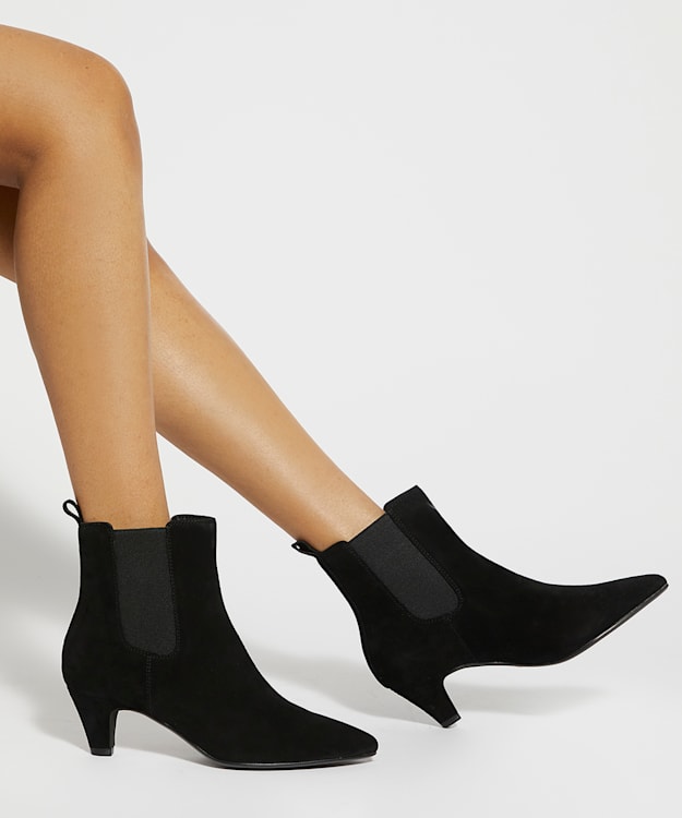 Dune London Obvious - Black Suede Mid Heel Chelsea Ankle Boots
