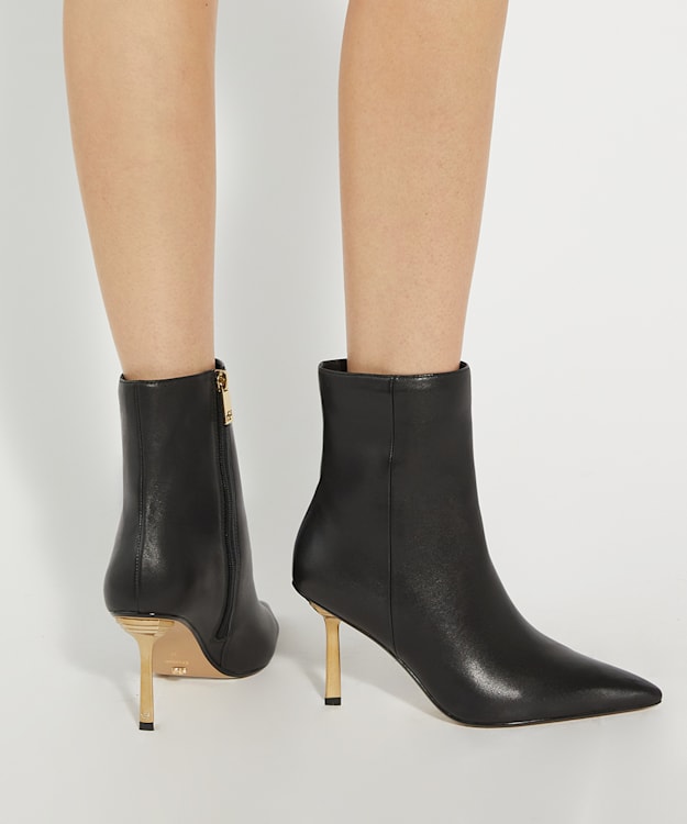 Dune London Olara - Black Sculptured Gold Heel Leather Ankle Boots