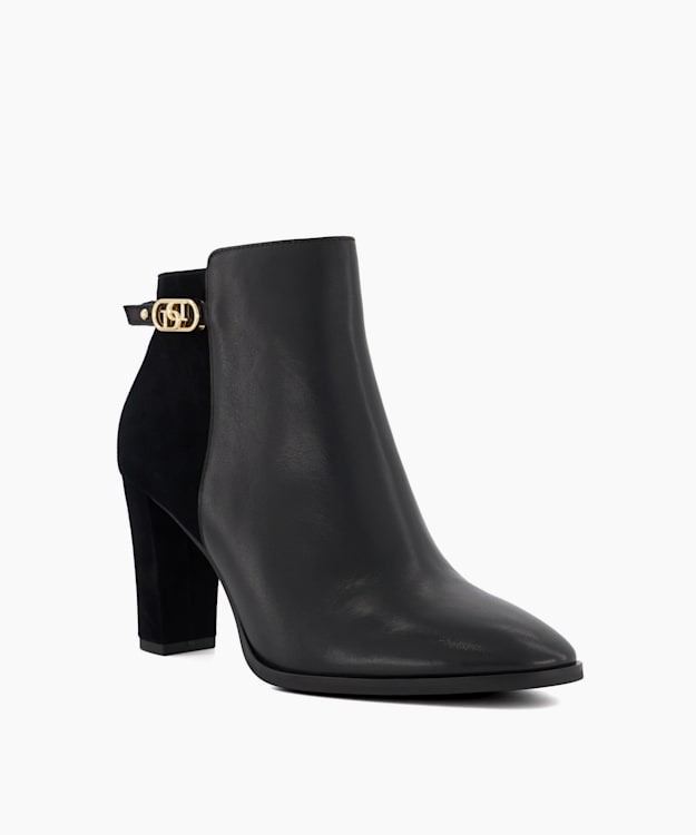 Dune London Olia - Black Branded-Buckle Leather Block-Heel Ankle Boots