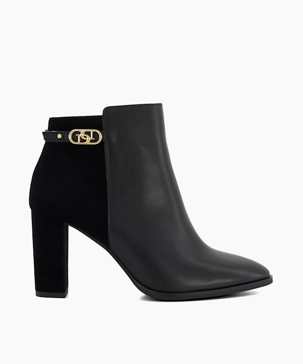 dune london Olia - Black Branded-Buckle Leather Block-Heel Ankle Boots