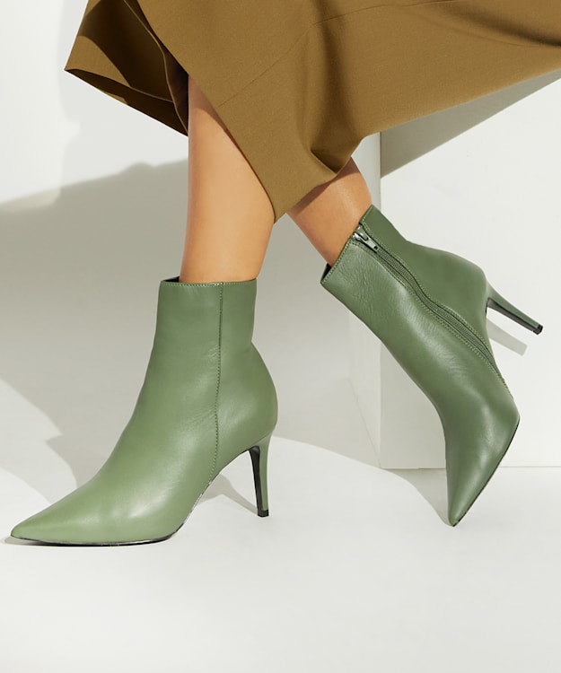 Dune London Oliyah - Khaki Stiletto-Heel Leather Ankle Boots