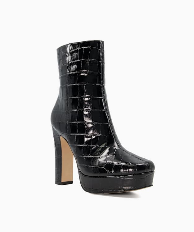 Dune London Olympic - Black Leather Croc-Effect Ankle Boots