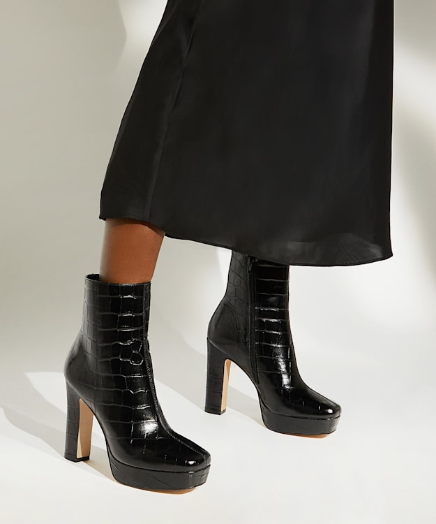 Dune London Olympic - Black Leather Croc-Effect Ankle Boots