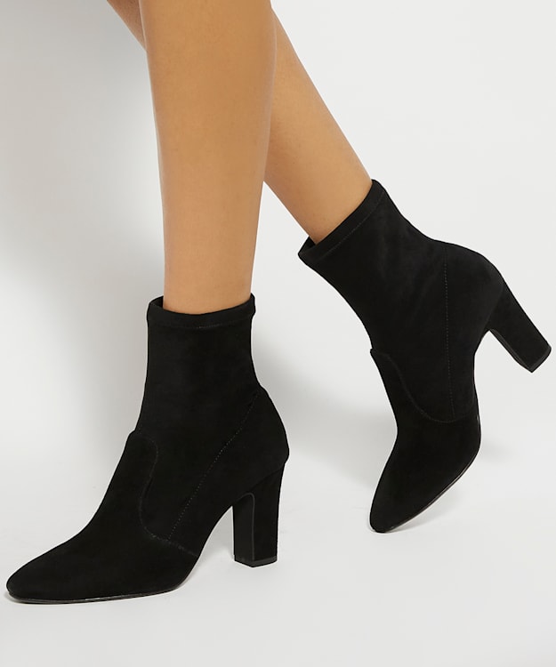 Dune London Optilly - Black Almond Toe Block Heel Sock Boots