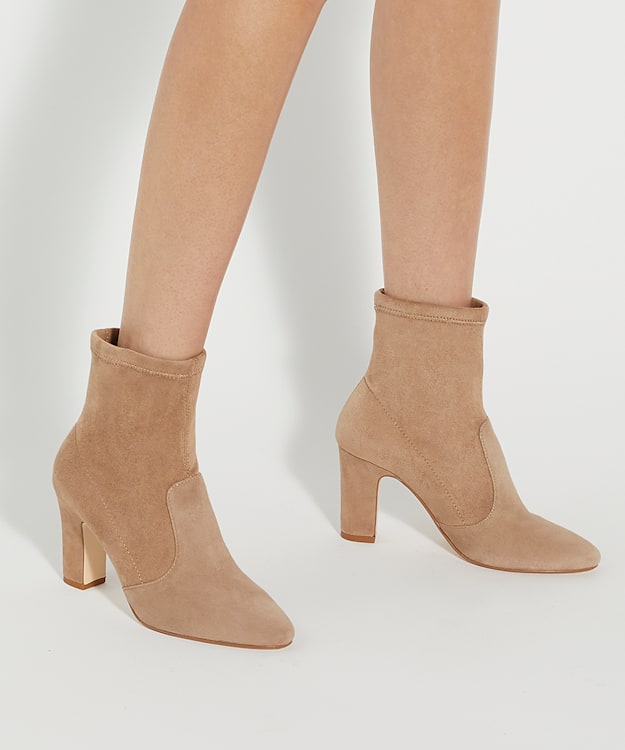 Dune London Optilly - Caramel Almond Toe Block Heel Sock Boots