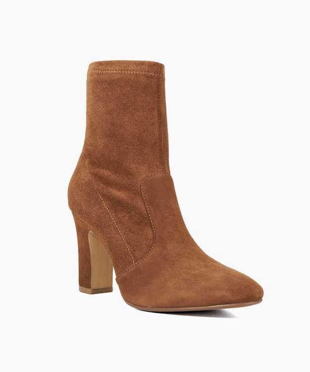Dune London Optilly - Dark Tan Almond Toe Block Heel Sock Boots