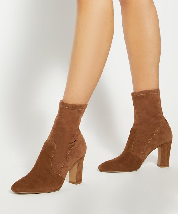 Dune London Optilly - Dark Tan Almond Toe Block Heel Sock Boots