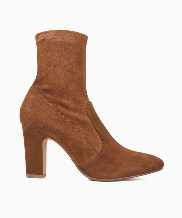 dune london Optilly - Dark Tan Almond Toe Block Heel Sock Boots
